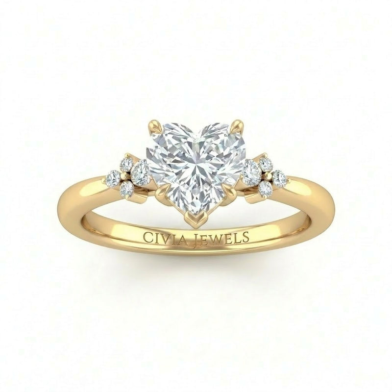 Yellow Gold Heart Diamond Engagement Ring With Floral Cluster Side Design