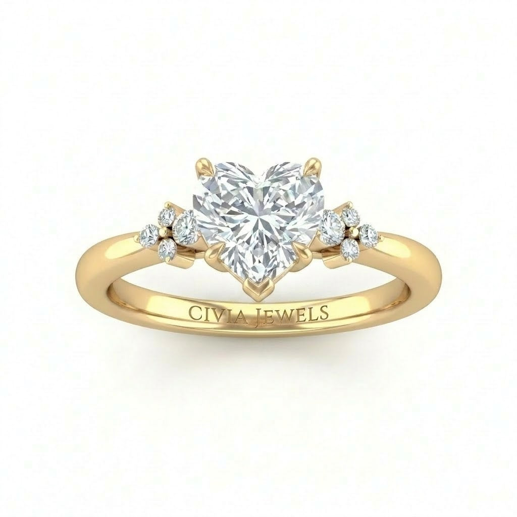Yellow Gold Heart Diamond Engagement Ring With Floral Cluster Side Design