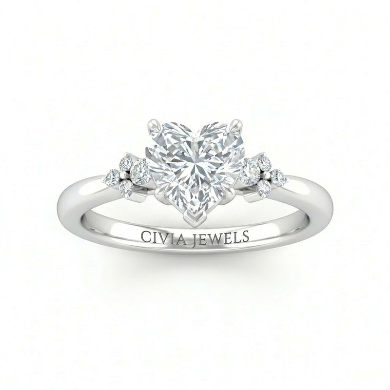 White Gold Heart Diamond Engagement Ring With Floral Cluster Side Design