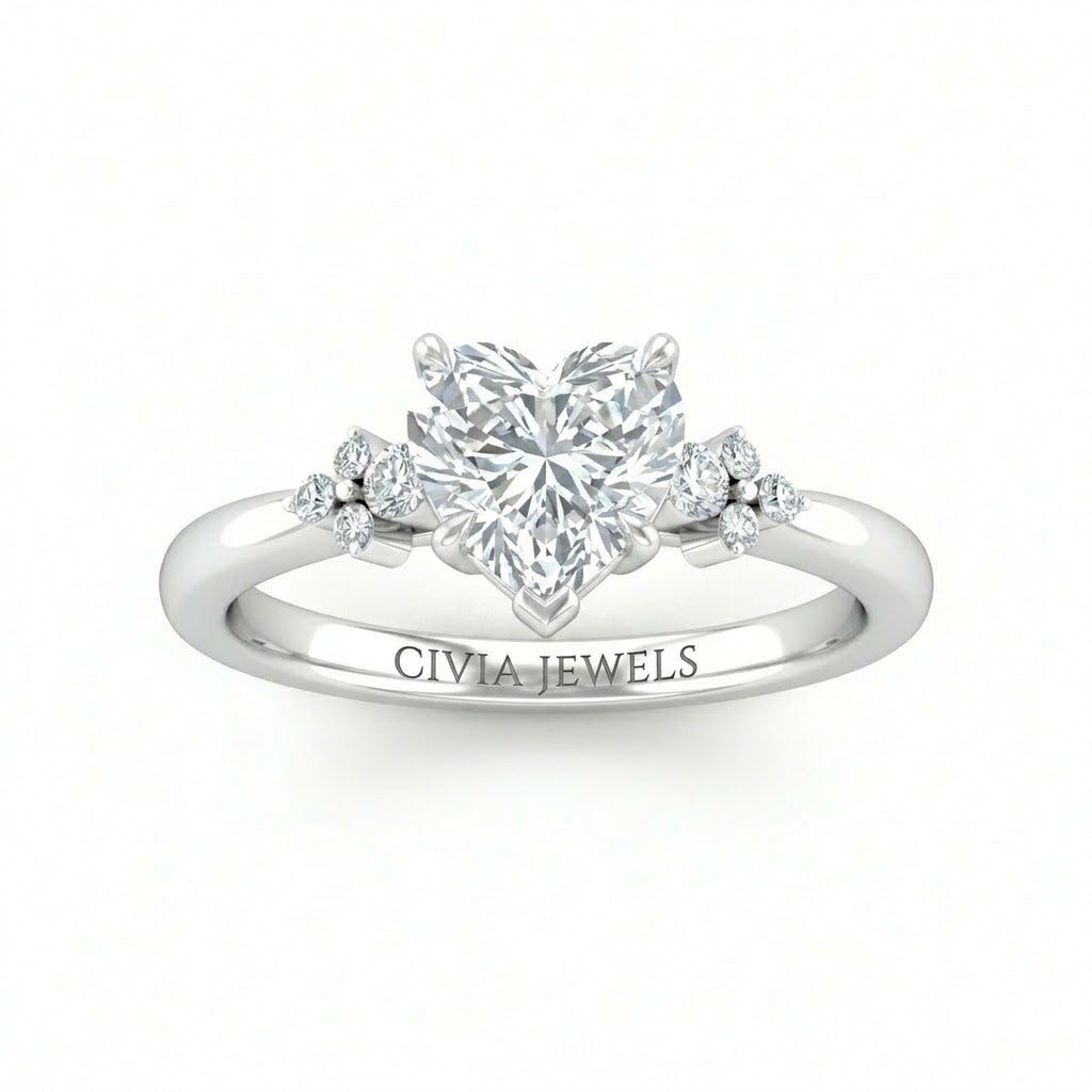 White Gold Heart Diamond Engagement Ring With Floral Cluster Side Design