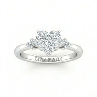 Silver Heart Diamond Engagement Ring With Floral Cluster Side Design