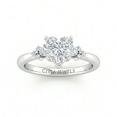 Silver Heart Diamond Engagement Ring With Floral Cluster Side Design