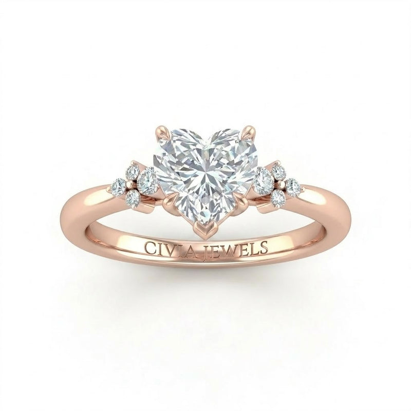Rose Gold Heart Diamond Engagement Ring With Floral Cluster Side Design