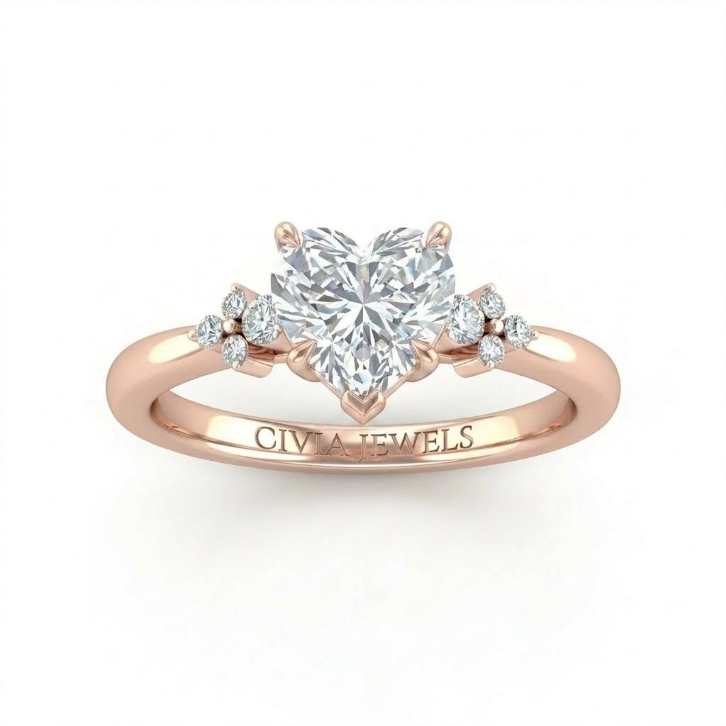 Rose Gold Heart Diamond Engagement Ring With Floral Cluster Side Design
