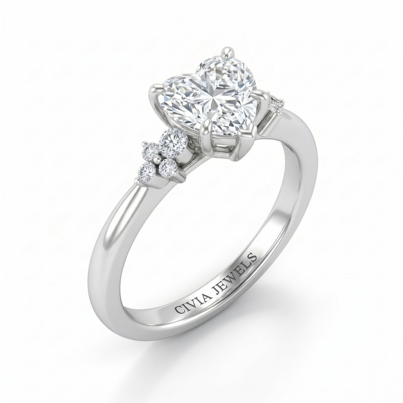 White Gold Heart Diamond Engagement Ring With Floral Cluster Side Design