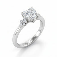 Silver Heart Diamond Engagement Ring With Floral Cluster Side Design