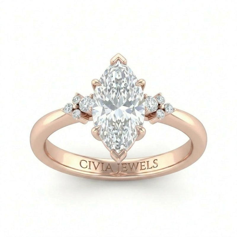 Rose Gold Marquise Diamond Engagement Ring With Floral Cluster Side Design