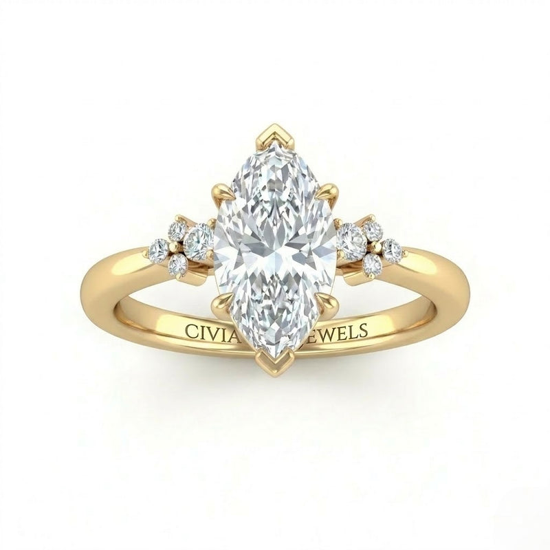 Yellow Gold Marquise Diamond Engagement Ring With Floral Cluster Side Design