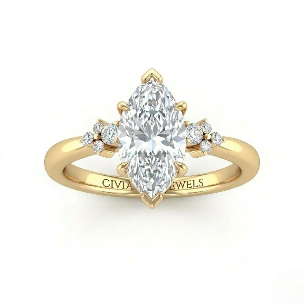 Yellow Gold Marquise Diamond Engagement Ring With Floral Cluster Side Design