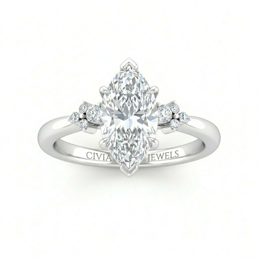 White Gold Marquise Diamond Engagement Ring With Floral Cluster Side Design