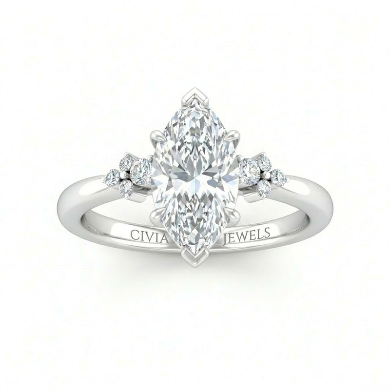 Silver Marquise Diamond Engagement Ring With Floral Cluster Side Design