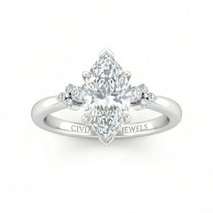 Silver Marquise Diamond Engagement Ring With Floral Cluster Side Design