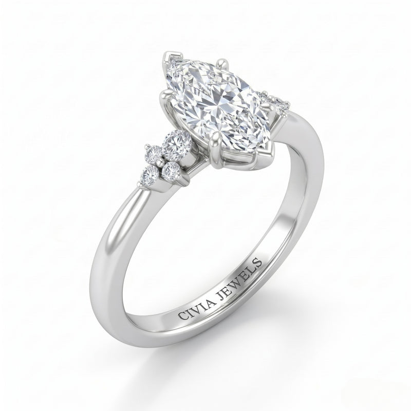 Silver Marquise Diamond Engagement Ring With Floral Cluster Side Design