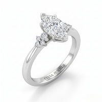 Silver Marquise Diamond Engagement Ring With Floral Cluster Side Design