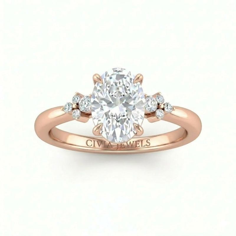 Rose Gold Oval Diamond Engagement Ring With Floral Cluster Side Design