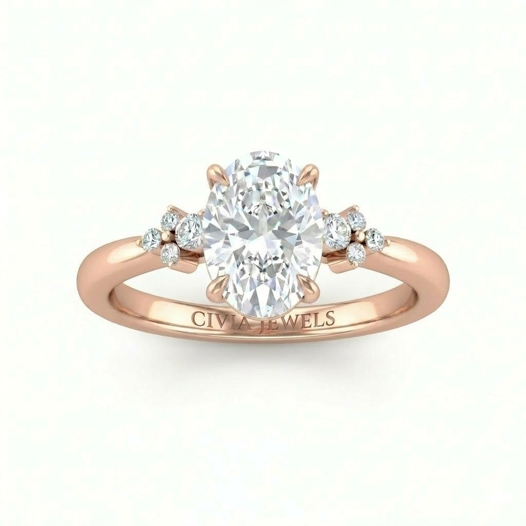Rose Gold Oval Diamond Engagement Ring With Floral Cluster Side Design
