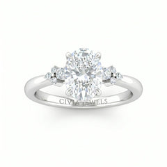 Silver Oval Diamond Engagement Ring With Floral Cluster Side Design