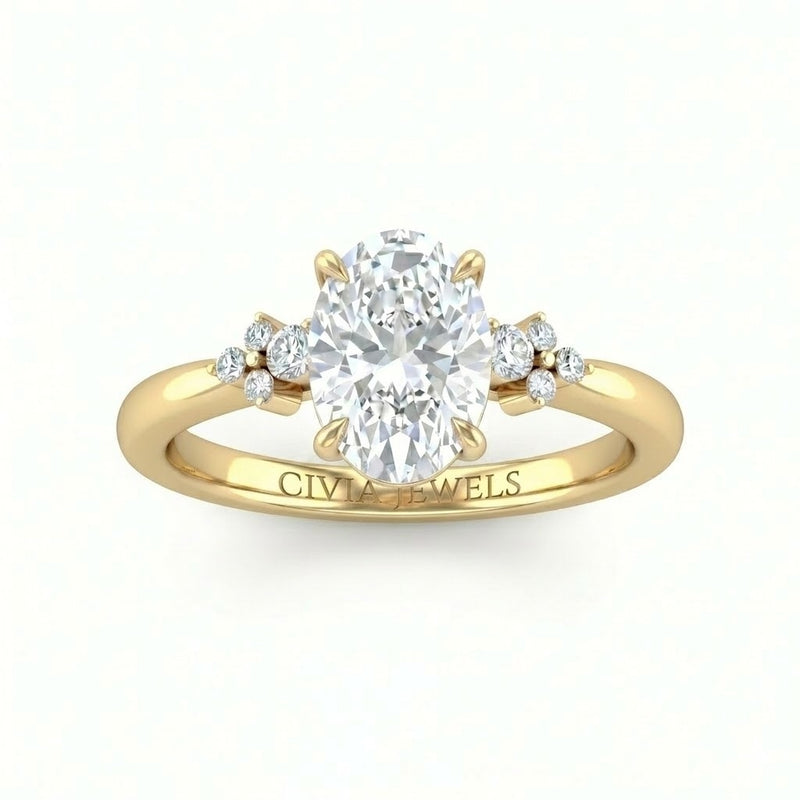 Yellow Gold Oval Diamond Engagement Ring With Floral Cluster Side Design