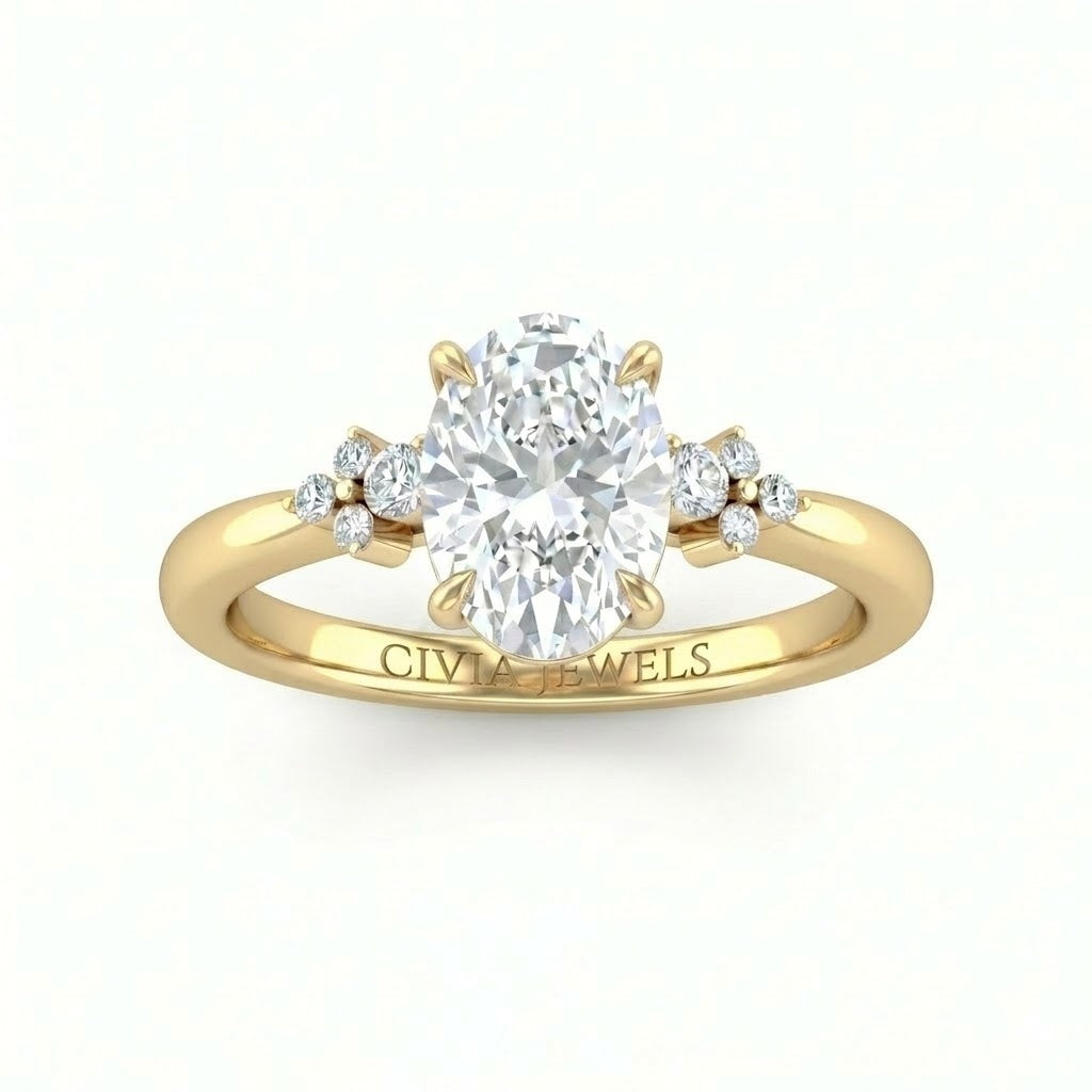 Yellow Gold Oval Diamond Engagement Ring With Floral Cluster Side Design