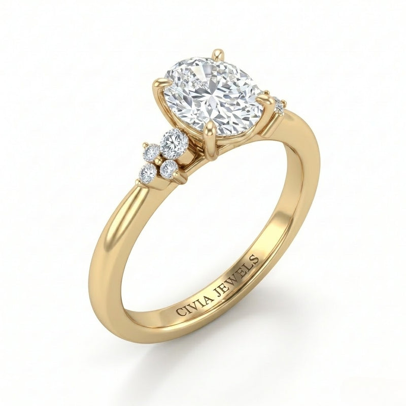 Yellow Gold Oval Diamond Engagement Ring With Floral Cluster Side Design