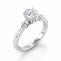 Silver Oval Diamond Engagement Ring With Floral Cluster Side Design