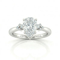 White Gold Pear Diamond Engagement Ring With Floral Cluster Side Design