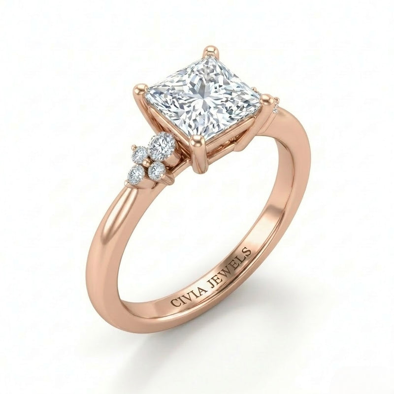 Rose Gold Princess Diamond Engagement Ring With Floral Cluster Side Design