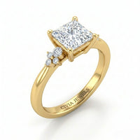 Yellow Gold Princess Diamond Engagement Ring With Floral Cluster Side Design