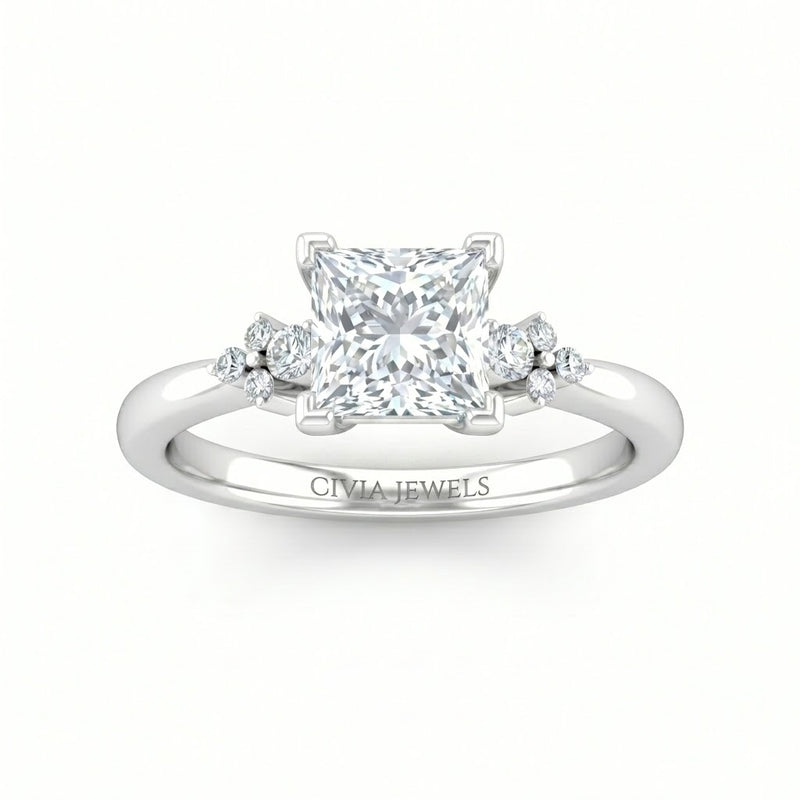 Silver Princess Diamond Engagement Ring With Floral Cluster Side Design