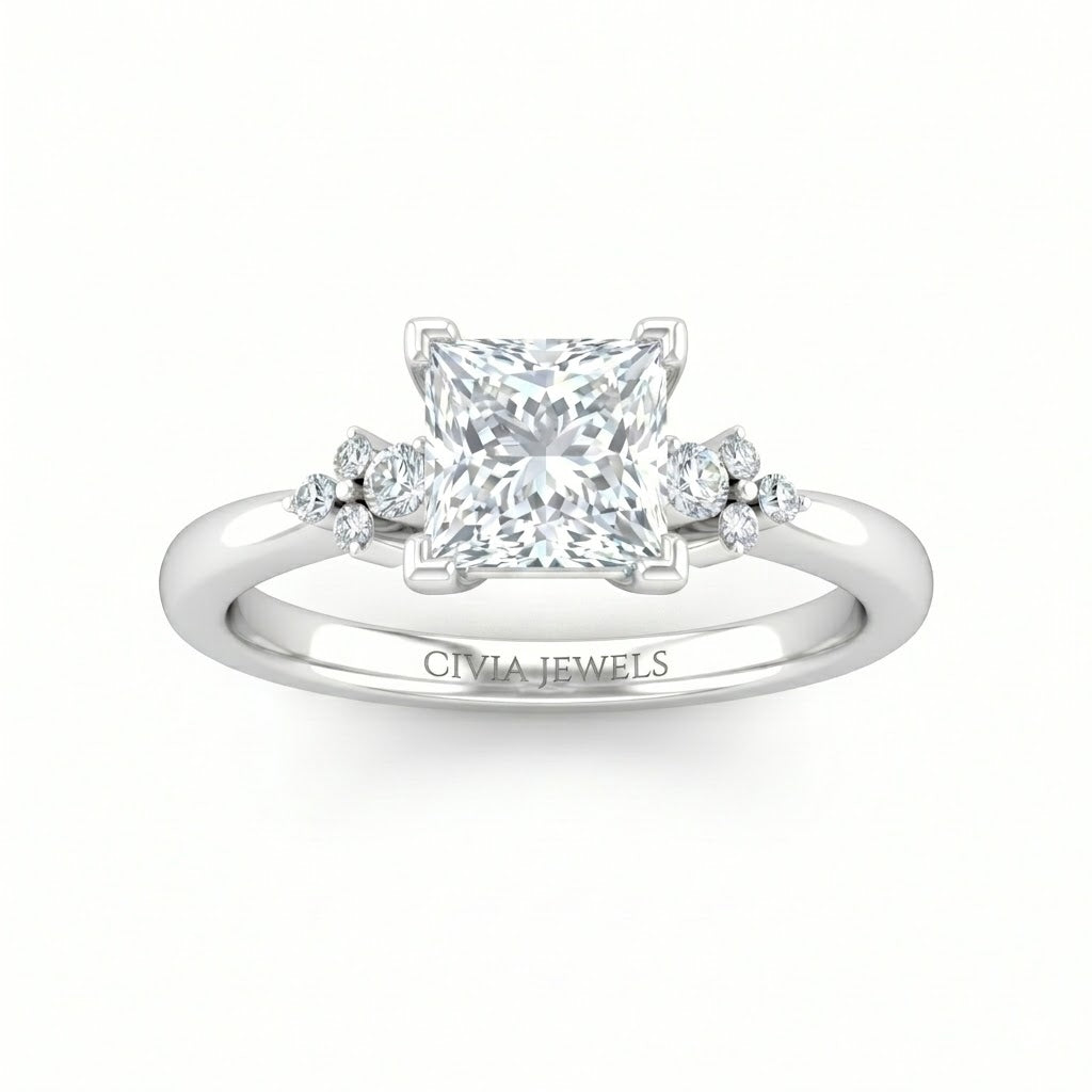 Silver Princess Diamond Engagement Ring With Floral Cluster Side Design