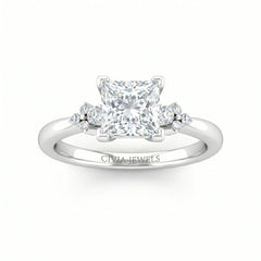 Silver Princess Diamond Engagement Ring With Floral Cluster Side Design