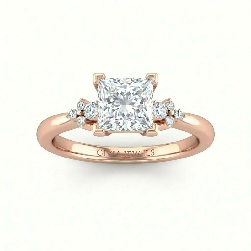 Rose Gold Princess Diamond Engagement Ring With Floral Cluster Side Design