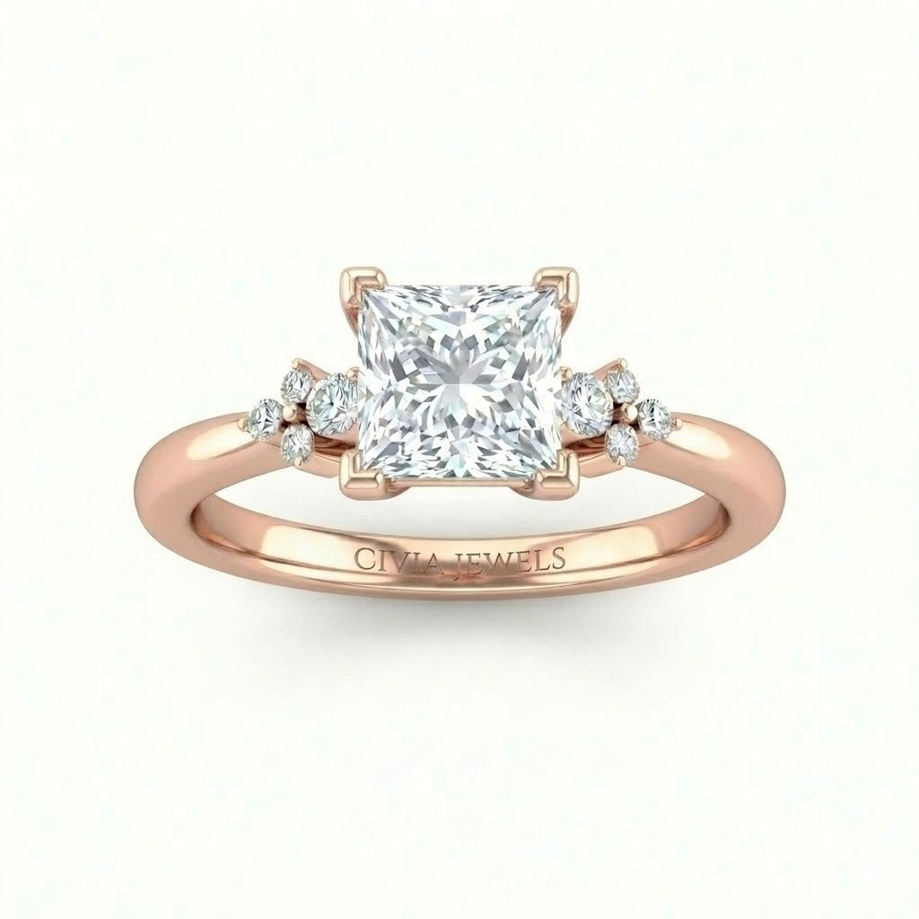 Rose Gold Princess Diamond Engagement Ring With Floral Cluster Side Design