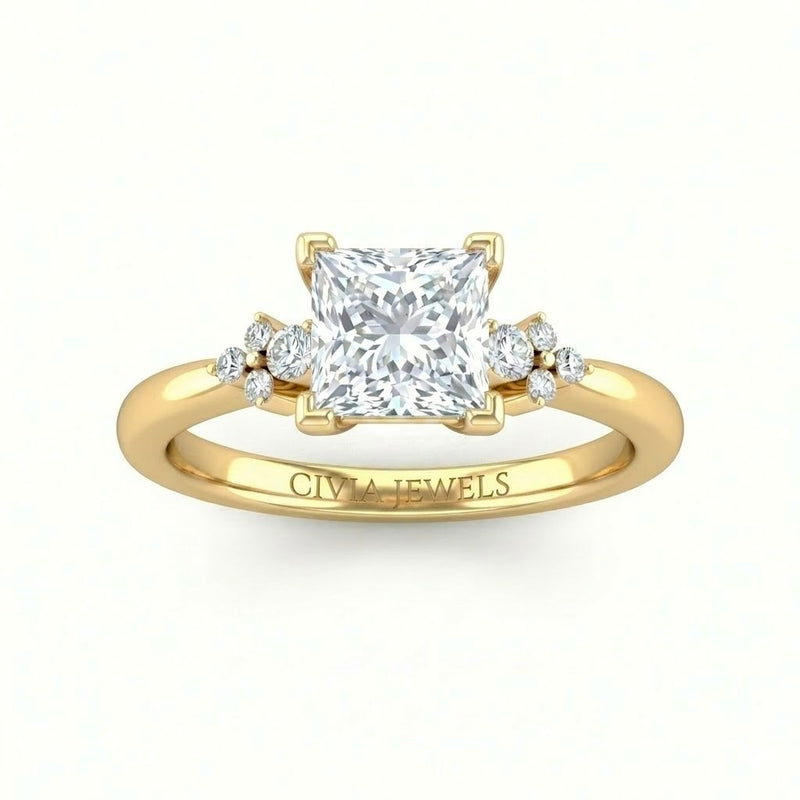 Yellow Gold Princess Diamond Engagement Ring With Floral Cluster Side Design