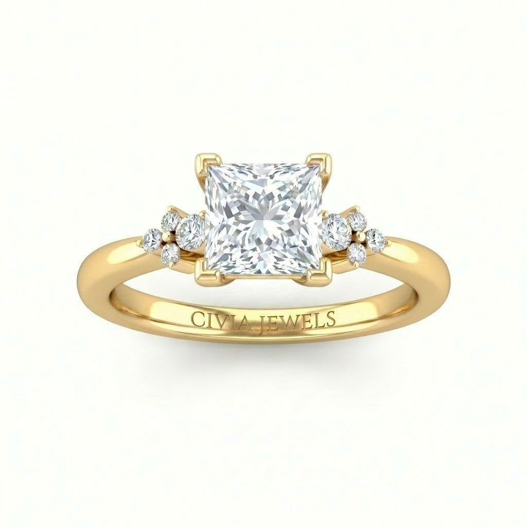 Yellow Gold Princess Diamond Engagement Ring With Floral Cluster Side Design