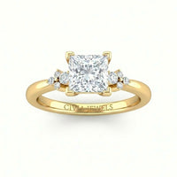 Yellow Gold Princess Diamond Engagement Ring With Floral Cluster Side Design