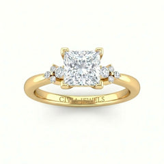 Yellow Gold Princess Diamond Engagement Ring With Floral Cluster Side Design