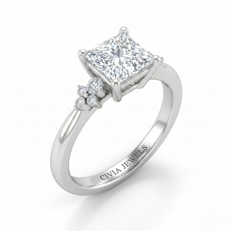 Silver Princess Diamond Engagement Ring With Floral Cluster Side Design
