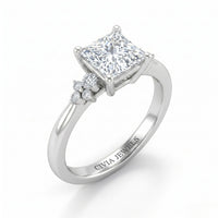 Silver Princess Diamond Engagement Ring With Floral Cluster Side Design