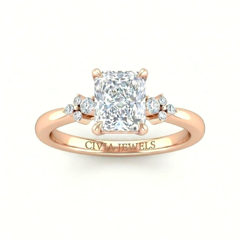 Rose Gold Radiant Diamond Engagement Ring With Floral Cluster Side Design