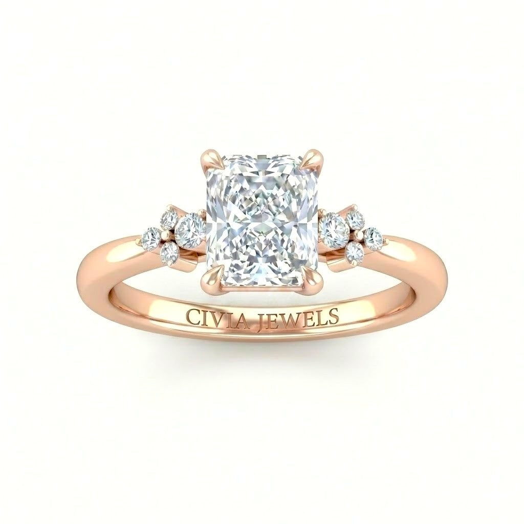 Rose Gold Radiant Diamond Engagement Ring With Floral Cluster Side Design