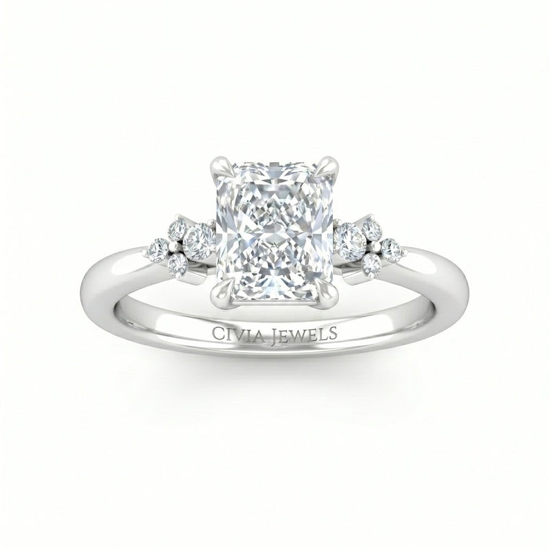 White Gold Radiant Diamond Engagement Ring With Floral Cluster Side Design