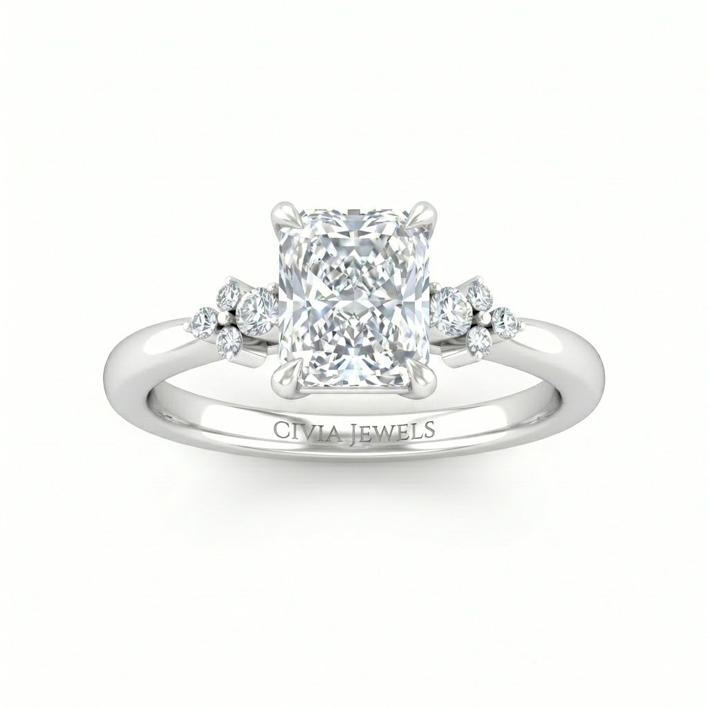 Silver Radiant Diamond Engagement Ring With Floral Cluster Side Design