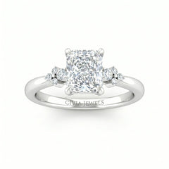 Silver Radiant Diamond Engagement Ring With Floral Cluster Side Design