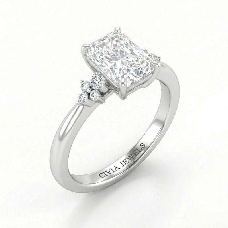 White Gold Radiant Diamond Engagement Ring With Floral Cluster Side Design