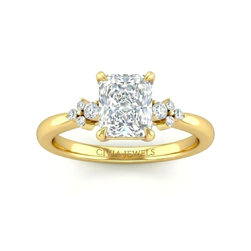 Yellow Gold Radiant Diamond Engagement Ring With Floral Cluster Side Design