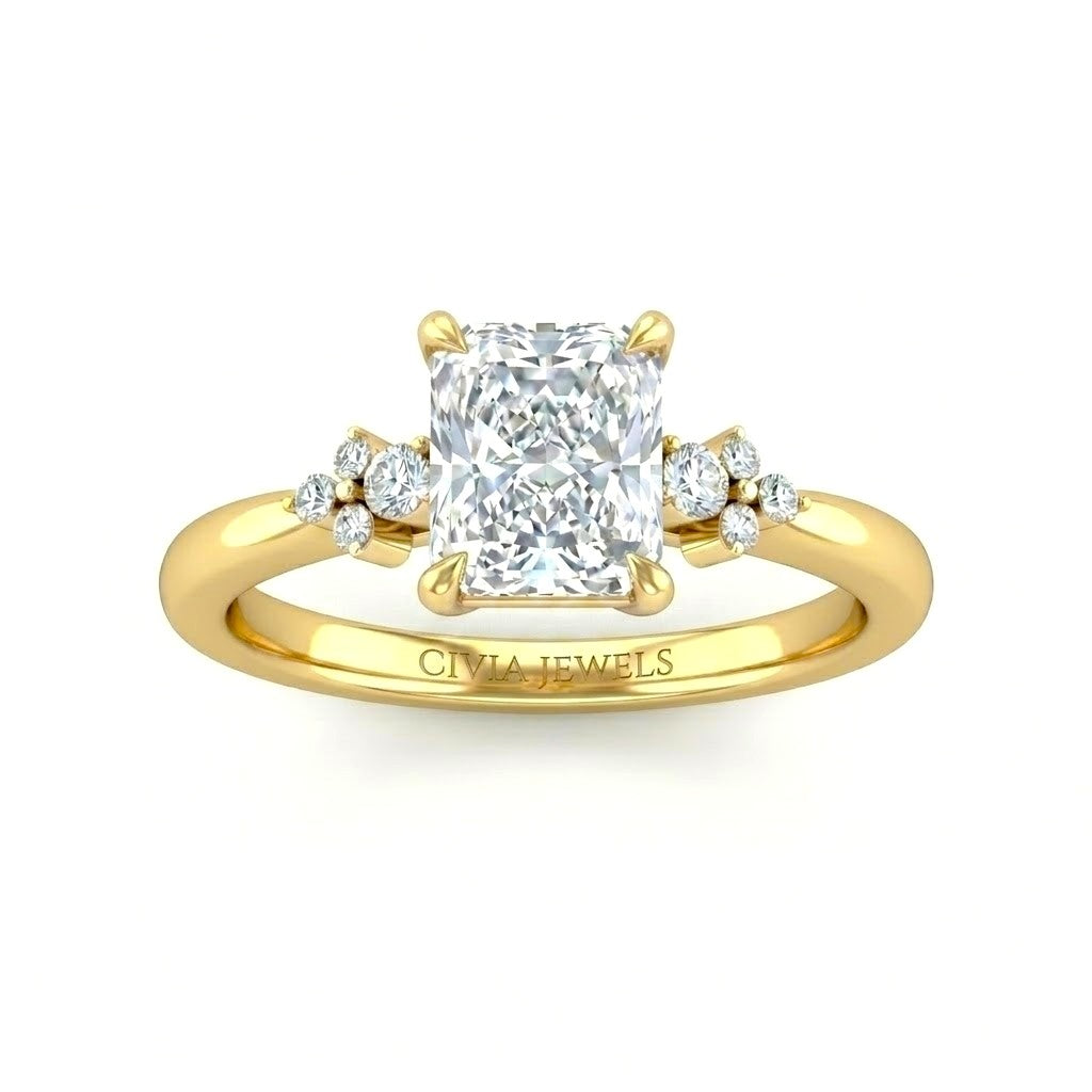 Yellow Gold Radiant Diamond Engagement Ring With Floral Cluster Side Design