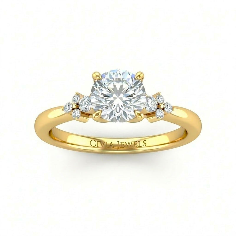 Yellow Gold Round Diamond Engagement Ring With Floral Cluster Side Design
