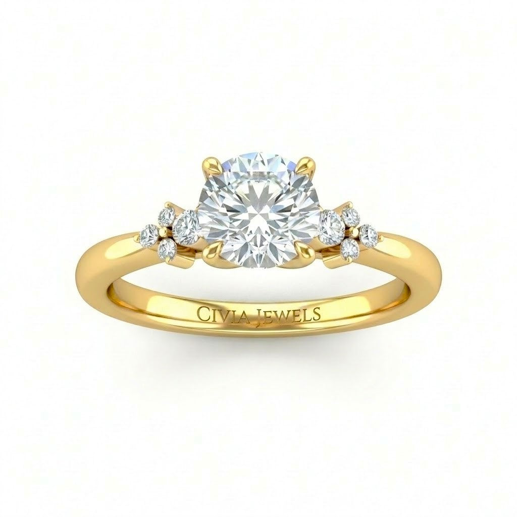 Yellow Gold Round Diamond Engagement Ring With Floral Cluster Side Design