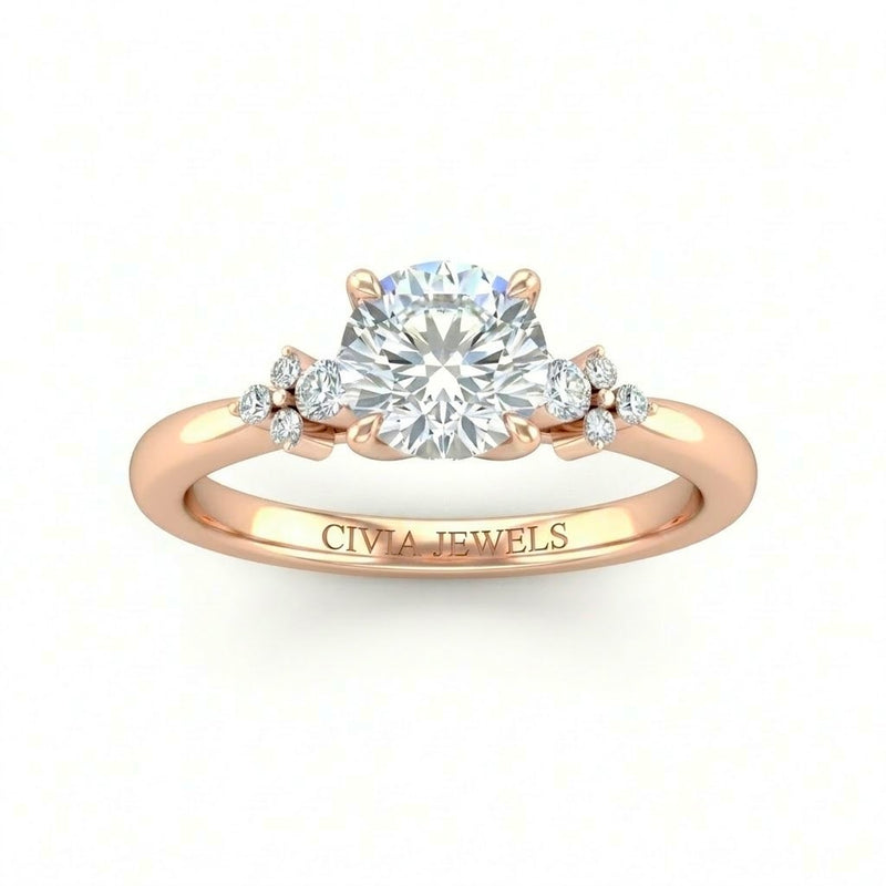 Rose Gold Round Diamond Engagement Ring With Floral Cluster Side Design